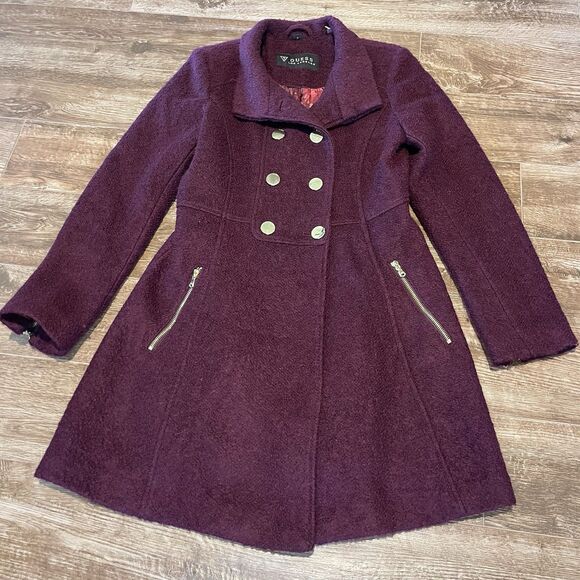 Guess Los Angeles Pea Coat Women’s M Burgundy Wool Blend Double Breast - Picture 1 of 16